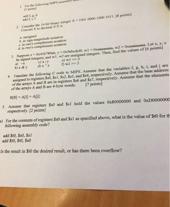 1 For The Following Mips Assembly I I Point Add F Chegg Com