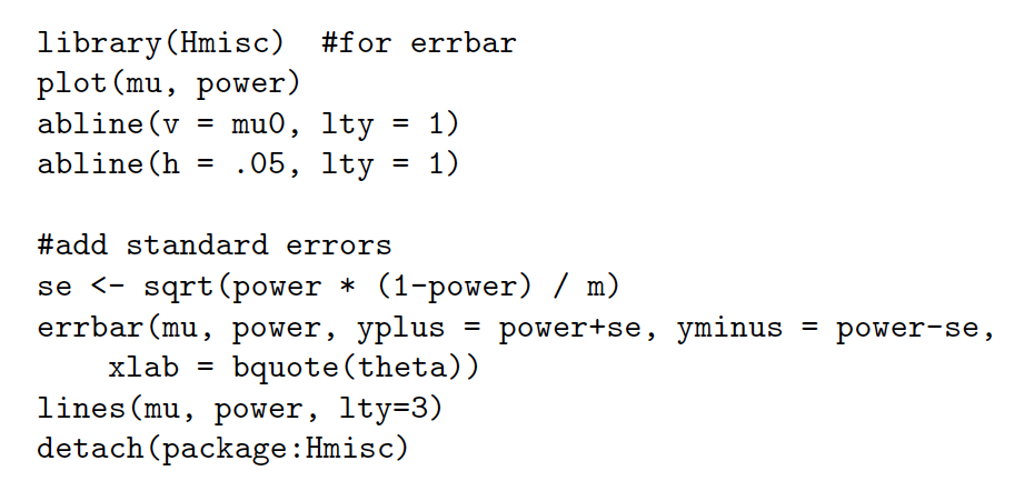 library (hmisc) plot (mu, power) #for errbar #add standard errors se <- sqrt(power * (1-power) / m) errbar (mu, power, yplus