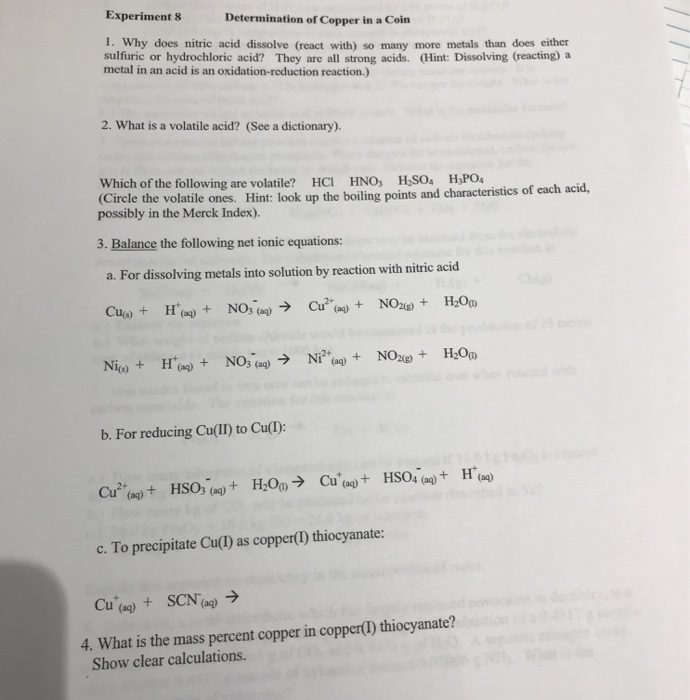 Solved Experiments Determination Of Copper In A Coin 1 Why Chegg Com