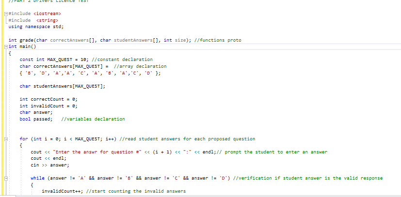 #include iostream» #includeくstring> using namespace std; int grade(char correctAnswers[1, char studentanswers[1, int size); /