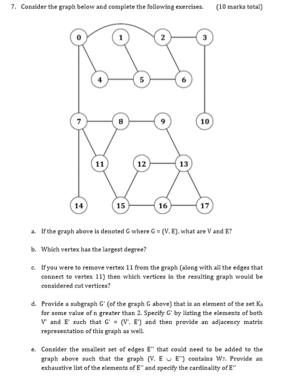 7. Consider the graph below and complete the following exercises. (10 marks total) 0 3 6 8 9 10 12 13 14 15 16 17 a. If the g