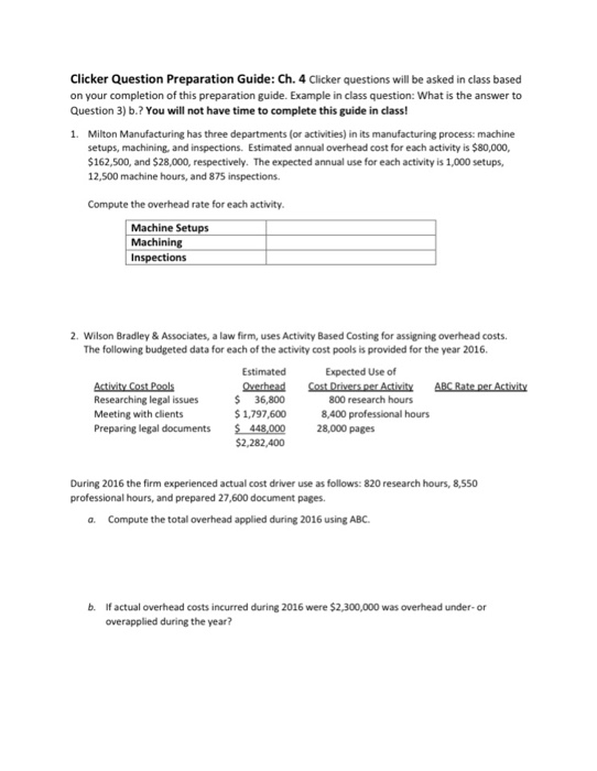 Clicker Question Preparation Guide: Ch. 4 Clicker questions will be asked in class based on your completion of this preparation guide. Example in class question: What is the answer to Question 3) b.? You will not have time to complete this guide in class! 1. Milton Manufacturing has three departments (or activities) in its manufacturing process: machine setups, machining, and inspections. Estimated annual overhead cost for each activity is $80,000, $162,500, and $28,000, respectively. The expected annual use for each activity is 1,000 setups, 12,500 machine hours, and 875 inspections Compute the overhead rate for each activity Machine Setups Machining 2. Wilson Bradley & Associates, a law firm, uses Activity Based Costing for assigning overhead costs The following budgeted data for each of the activity cost pools is provided for the year 2016 Estimated Expected Use of Researching legal issues Meeting with clients Preparing legal documents $ 36,800 $ 1,797,600 800 research hours 8,400 professional hours 448,000 28,000 pages $2,282,400 During 2016 the firm experienced actual cost driver use as follows: 820 research hours, 8,550 professional hours, and prepared 27,600 document pages. a. Compute the total overhead applied during 2016 using ABC b. If actual overhead costs incurred during 2016 were $2,300,000 was overhead under- or overapplied during the year?