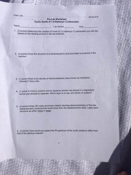 Solved Chem 234 Spring 18 Pre Lab Worksheet Cyclic Acetal Chegg Com