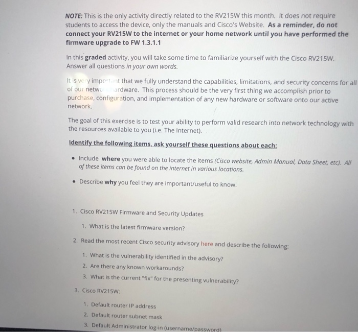 NOTE: This is the only activity directly related to the RV215W this month. It does not require students to access the device,