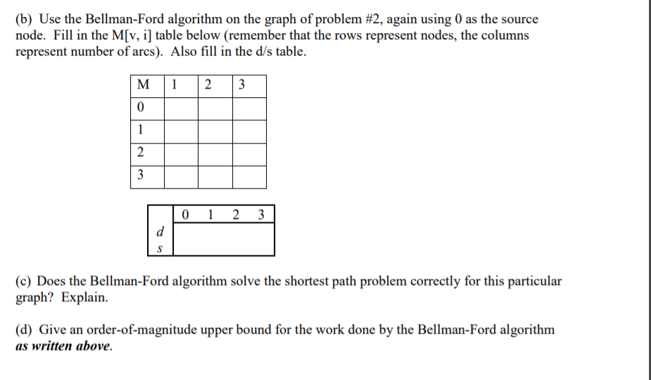 (b) Use the Bellman-Ford algorithm on the graph of problem #2, again using 0 as the source node. Fill in the M[v, i] table be