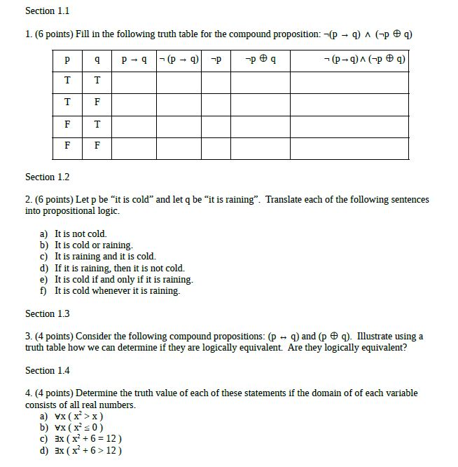 Solved Section 1 1 1 6 Points Fill In The Following Tr Chegg Com