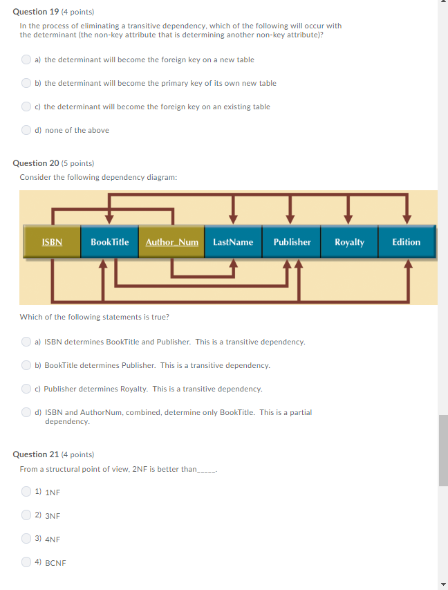 Question 19 (4 points) In the process of eliminating a transitive dependency, which of the following will occur with the dete