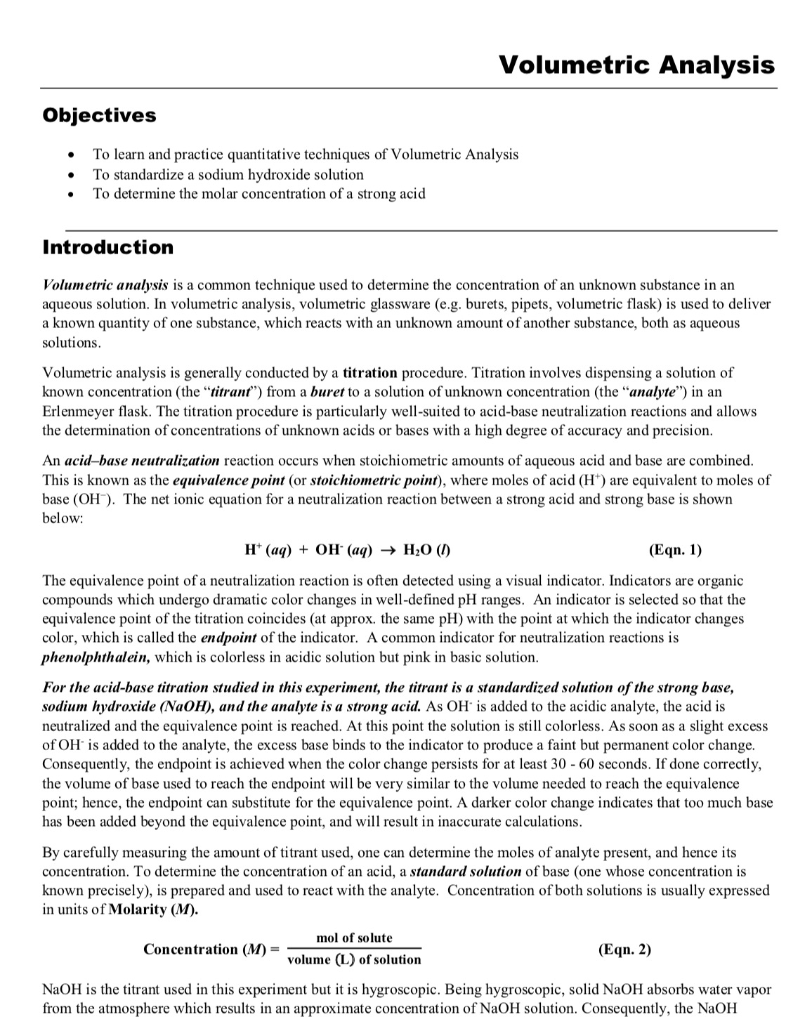 Solved Volumetric Analysis Objectives To Learn And Practice Chegg Com