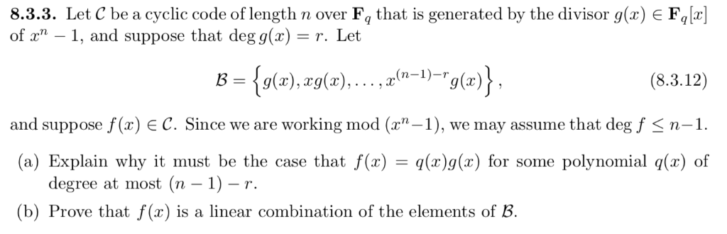 8 3 3 Let C Be A Cyclic Code Of Length N Over Fq Chegg Com