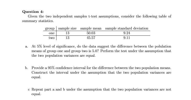 Solved Question 4 Given The Two Independent Samples T Test Chegg Com