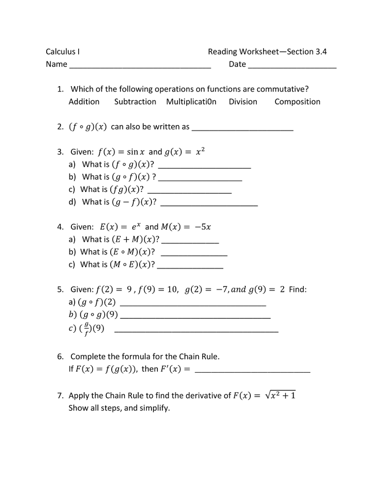 Solved Calculus l Reading Worksheet-Section 20.20 Name Date  Chegg.com With Function Operations And Composition Worksheet