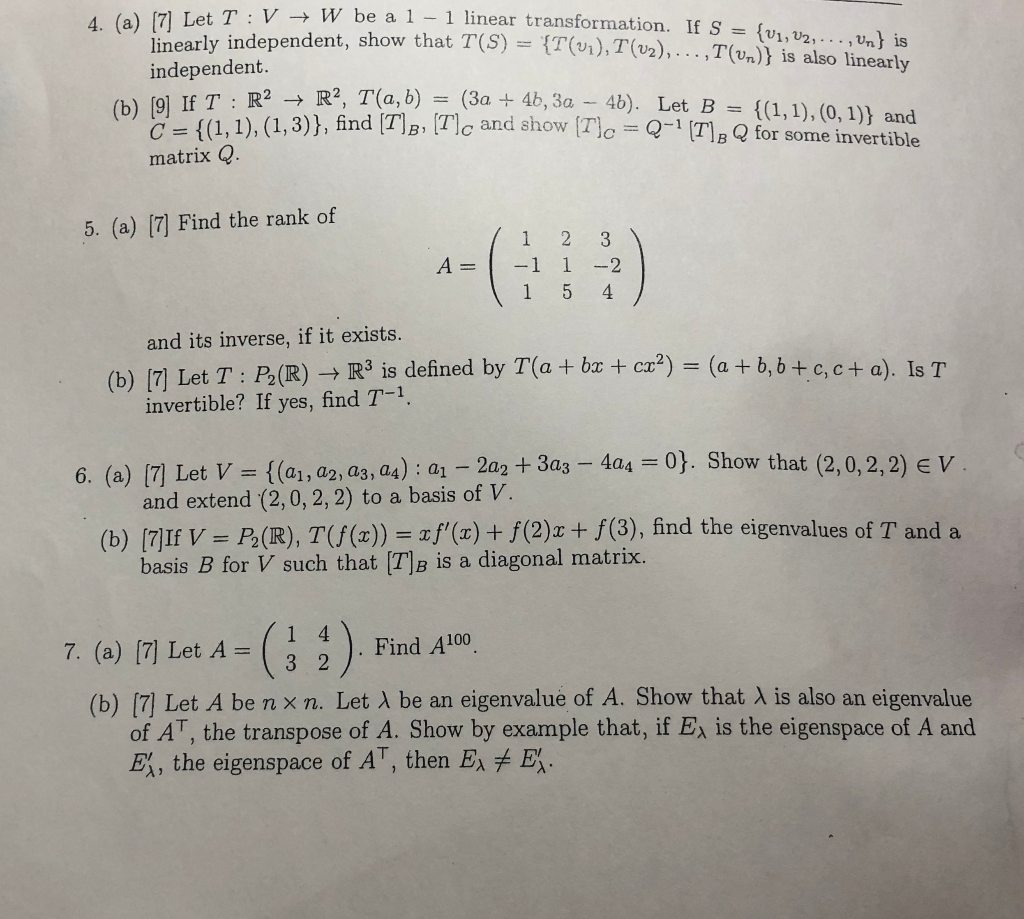 Solved Rat T V W Be A 1 1 Linear Transformation If S Chegg Com