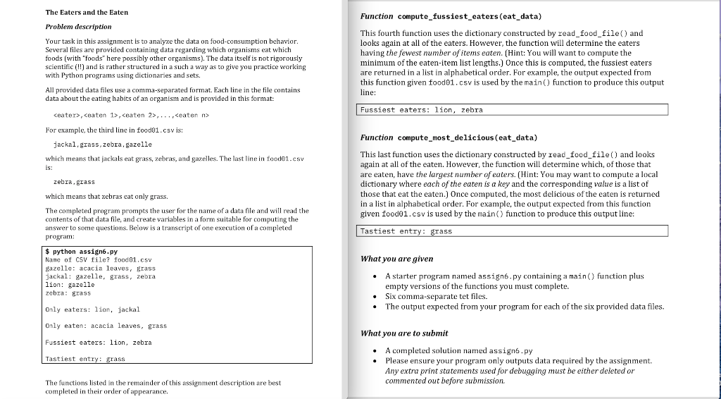 The Eaters and the Eaten Function compute fussiest caters (eat data) Problem descrlption Your task in this assignment is to a