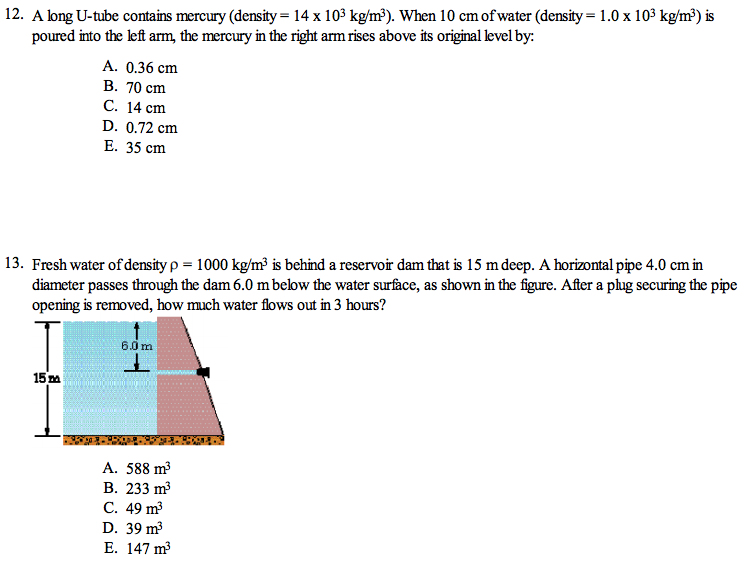 Solved 12. A Long Utube Contains Mercury (density 14x 10