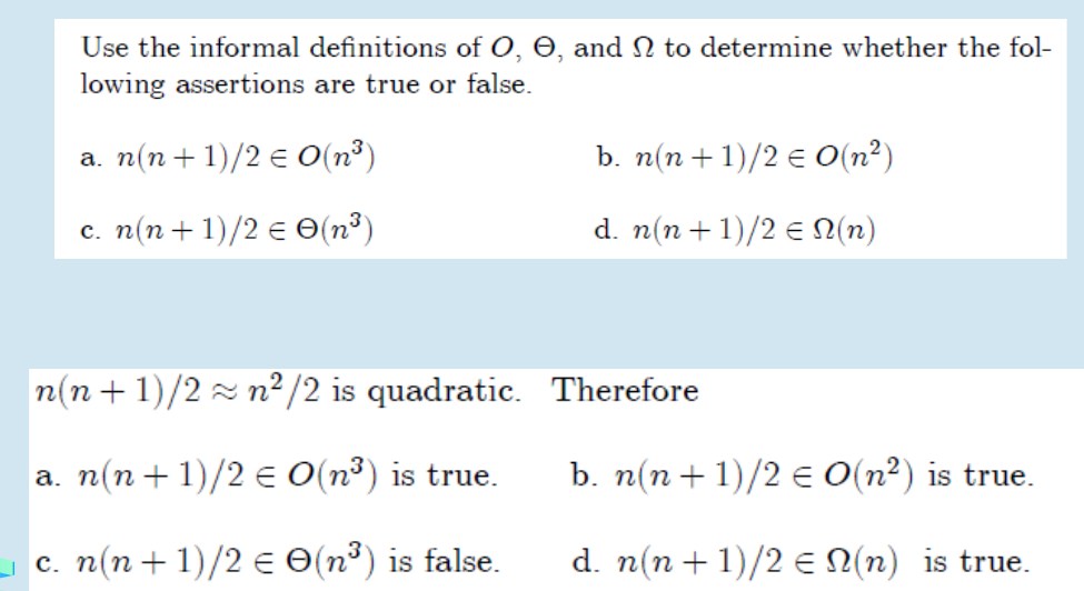 Use the informal definitions of O, Θ, and Ω to determine whether the fol- lowing assertions are true or false. a. n(n1)/2 E O