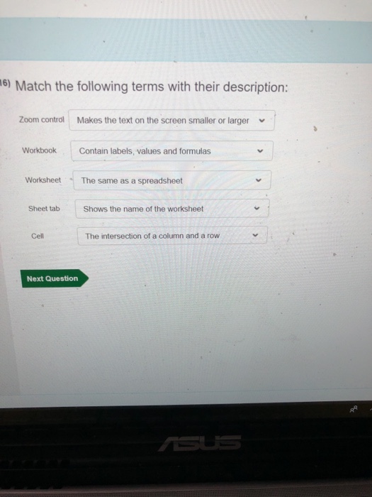 6) Match the following terms with their description: Zoom control Makes the text on the screen smaller or larger Workbook Contain labels, values and formulas Worksheet The same as a spreadsheet Sheet tab Shows the name of the worksheet Cell The intersection of a column and a row Next Question
