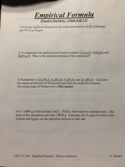 Solved Empirical Formula Practice Question Chem Lab Iii 1 Chegg Com