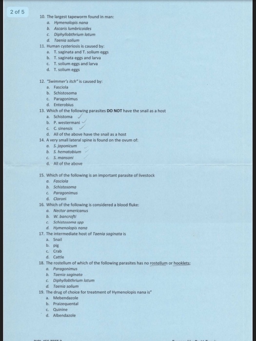 Solved 2 Of 5 10 The Largest Tapeworm Found In Man A H Chegg Com