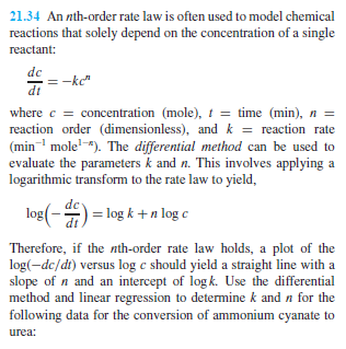 21.34 An nth-order rate law is often used to model chemical reactions that solely depend on the concentration of a single rea