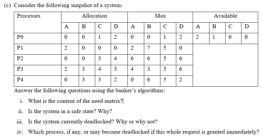 (c) Consider the following snapshot of a system Processes Allocation Max Available A B CD A B CD PO P1 P2 P3 P4 0 0 0 0 0 0 0 0 0 0 Answer the following questions using the bankers algorithms What is the content of the need matrix? Is the system in a safe state? Why? Is the system currently deadlocked? Why or why not? Which process, if any, or may become deadlocked if this whole request is granted immediately? i. ii. iii. iv.