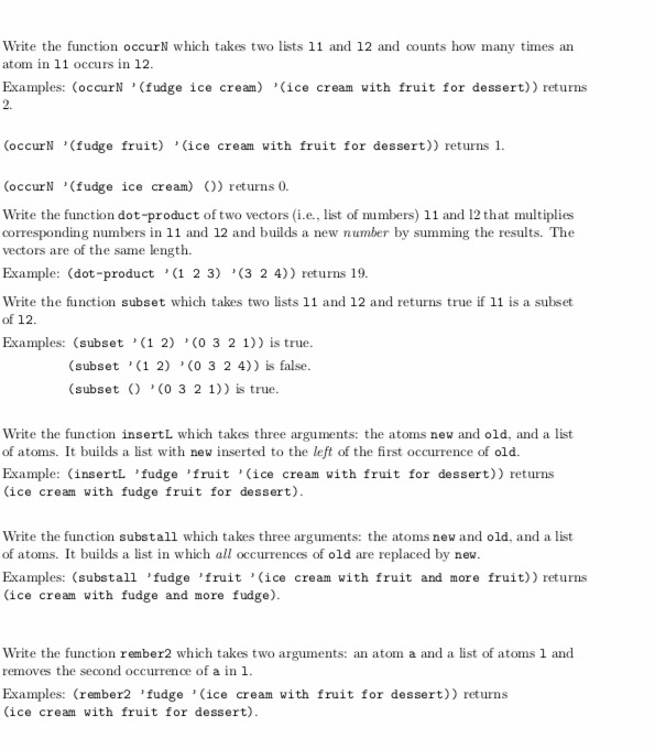 Write the function occurN which takes two lists 11 and 12 and counts how many times an atom in 11 occurs in 12 Examples: (occ