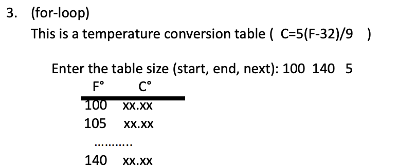 3. (for-loop) ) This is a temperature conversion table( C=5(F-32/9 Enter the table size (start, end, next): 100 140 5 C。 100