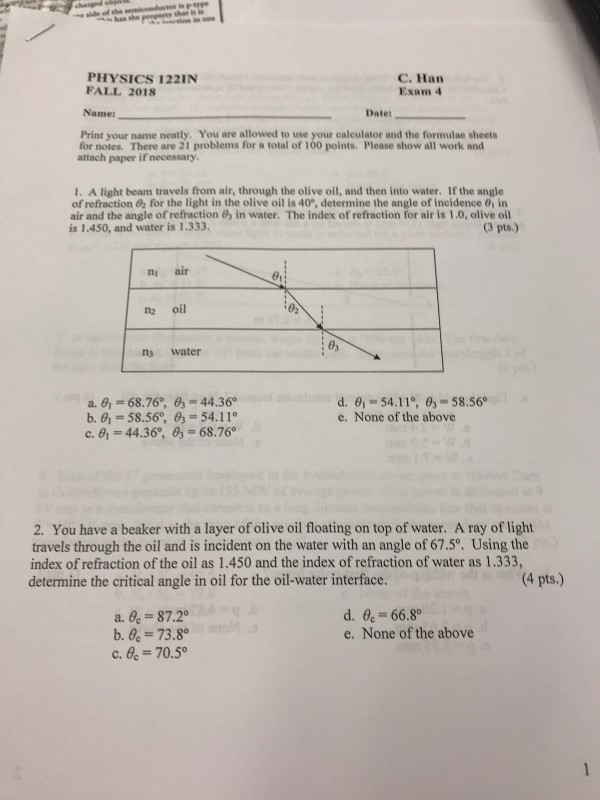 P 122IN Date 4 Exam C. Han FALL Name: 2018 PHYSICS ... Solved: 2018 Name: P 4 PHYSICS Exam Date 122IN Han Solved: C. ... FALL