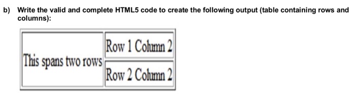 b) Write the valid and complete HTML5 code to create the following output (table containing rows and columns): Row 1 Cotumn 2 This spans two rows Row 2 Column 2