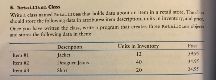 5. Retailitem Class Write a class named RetailItem that holds data about an item in a retail store. The class should store the following data in attributes: item description, units in inventory, and price. Once you have written the class, write a program that creates three Retailitem objects and stores the following data in them: Item #1 Item #2 Item #3 Description Jacket Designer Jeans Shirt Units in Inventory 12 40 20 Price 59.95 34.95 24.95