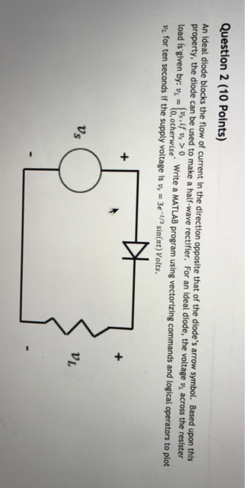 Question 2 (10 Points) An ideal diode blocks the flow of current in the direction opposite that of the diodes arrow symbol. Based upon this property, the diode can be used to make a half-wave rectifier. For an ideal diode, the voltage v across the resister s glven by:-,otherwise Write a MATLAB program using vectorizing commands and logical operators to plot UL for ten seconds if the supply voltage is v, = 3e-t/,in(nt) Volts. vs,if v >0