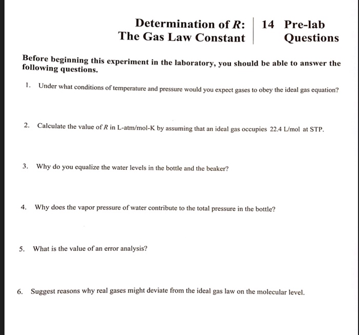 Solved: Determination Of R: 14 Pre-lab The Gas Law Constan... | Chegg.com