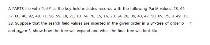 A PARTS file with Part# as the key field includes records with the following Part# values: 23, 65, 37, 60, 46, 92, 48, 71, 56, 59, 18, 21, 10, 74, 78, 15, 16, 20, 24, 28, 39, 43, 47, 50, 69, 75, 8, 49, 33, and plea-3, show how the tree will expand and what the final tree will look like.