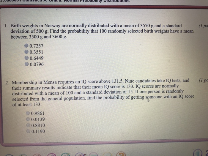 Solved 1 Birth Weights In Norway Are Normally Distribute