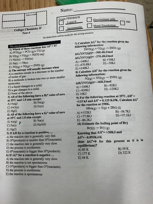 Solved Name Grade Feedback College Chemistry Ii No Deduc