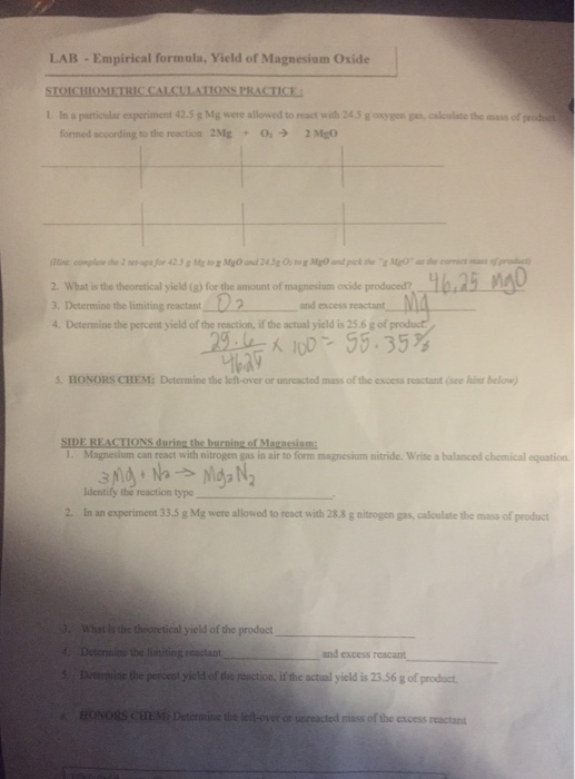 Solved Lab Empirical Formula Yield Of Magnesium Oxide S Chegg Com