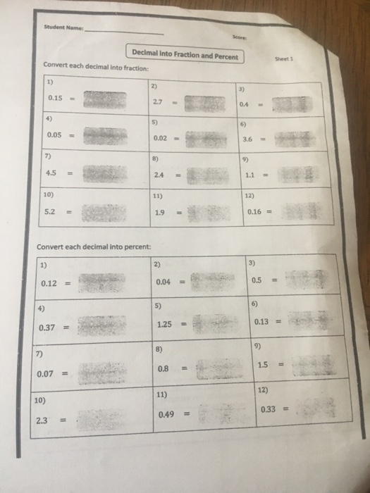 Solved Student Name Decimal Into Fraction And Percent Sheet Chegg Com