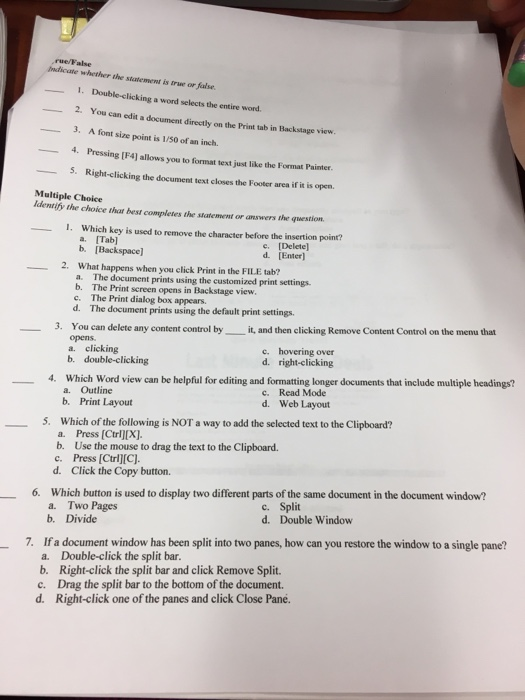 rue/False indicate whether the statement is true or false 1. Double-clicking a word selects the entire word. 2. 3. A font siz