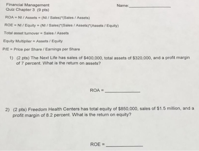 Solved Financial Management Name Quiz Chapter 3 9 Pts R Chegg Com