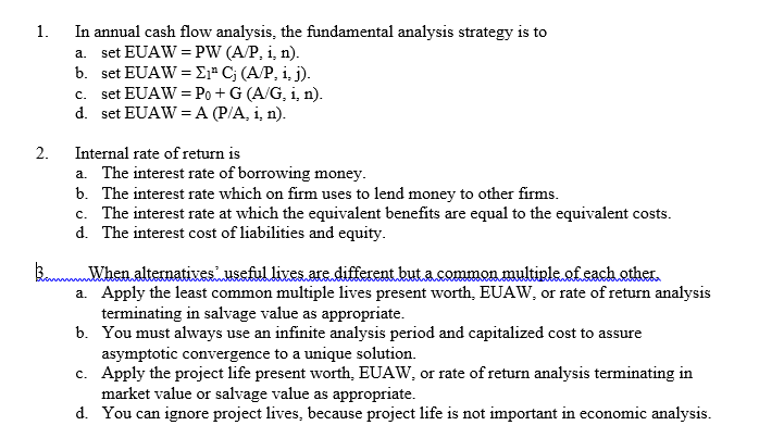 Solved 1 In Annual Cash Flow Analysis The Fundamental An Chegg Com