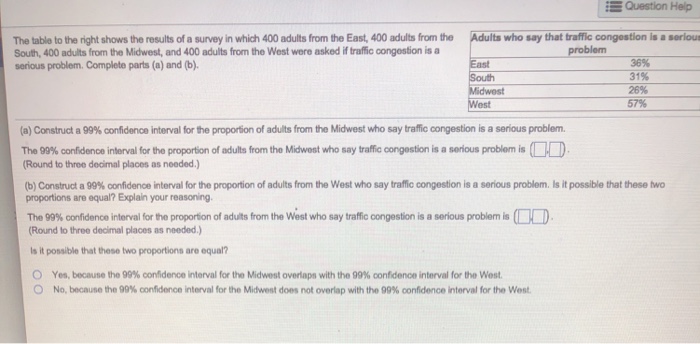 i Question Help The table to the right shows the results of a survey in which 400 adults from the East, 400 adults from the South, 400 adults from the Midwest, and 400 adults from the West were asked if traffic congestion is a serious problem. Complete parts (a) and (b) Its who say that traffic congestion is a serious problem 36% 31% 26% 57% est a Construct a 99% confidence interval for he proporion of adults from the Midwest who say traffic congestion is a serious problem. The 99% confidence in erval for te pr portion 

<div class=