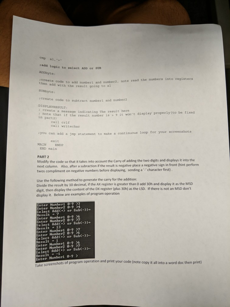 cmp al, add logic to select ADD or SUB to add numberl and number2, note read the numbers into registers then add with the res