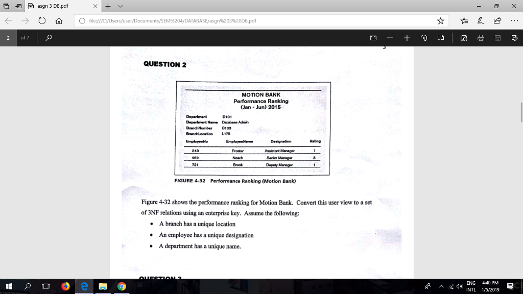 そ归 .띄 asgn 3 DB.pdf ← → O Ο file://cusers/user TABASE/asgn%203%20DB.pdf 2 of7 QUESTION 2 MOTION BANK Performance Ranking Jan Jun) 2015 0101 Deparimnt Name Database Adm BranchNumber 103 BranchLocation L17 Reting Assstan Senior Brook FIGURE 4-32 Performance Ranking (Motion Bank) Figure 4-32 shows the performance ranking for Motion Bank. Convert this user view to a set of 3NF relations using an enterprise key. Assume the following: A branch has a unique location An employee has a unique designation A department has a unique name. * * . ENG 4:40 PM INTL 1/5/2019
