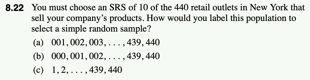 You must choose an srs of 10 of the 440 retail outlets in new york that 8.22 sell your companys products. how would you labe