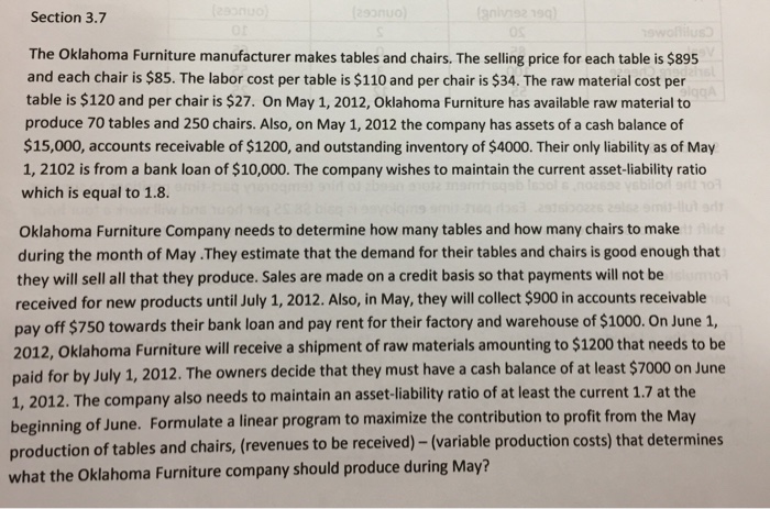 Section 3.7 The Oklahoma Furniture manufacturer makes tables and chairs. The selling price for each table is $895 and each chair is $85. The labor cost per table is $110 and per chair is $34. The raw material cost per table is $120 and per chair is $27. On May 1, 2012, Oklahoma Furniture has available raw material to produce 70 tables and 250 chairs. Also, on May 1, 2012 the company has assets of a cash balance of $15,000, accounts receivable of $1200, and outstanding inventory of $4000. Their only liability as of May 1, 2102 is 

<div class=