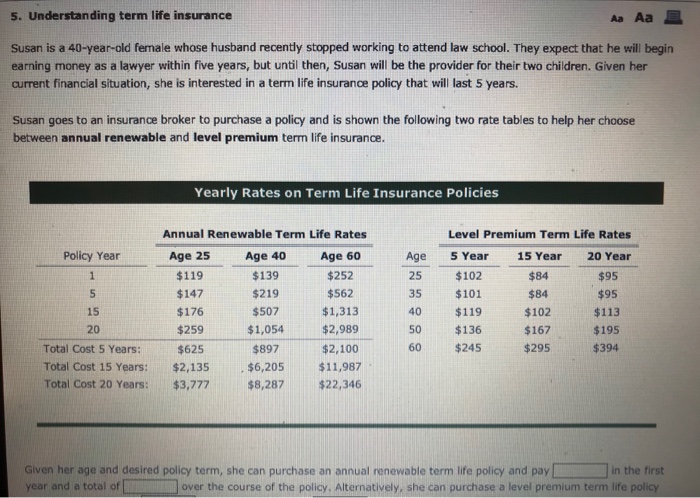 Solved: 12. Understanding Term Life Insurance Aa Aa Susan I ...