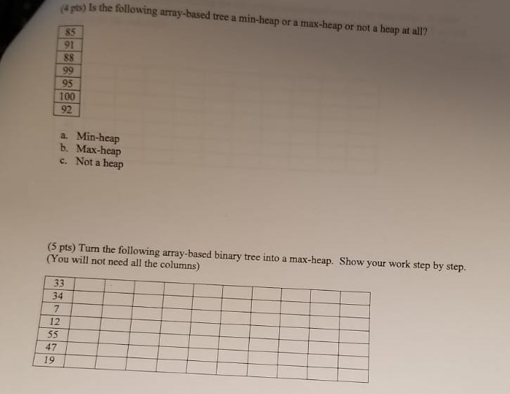 (4 pts) Is the following array-based tree a min-heap or a max-heap or not a heap at all? 85 91 S8 95 100 92 a. Min-heap b. Ma