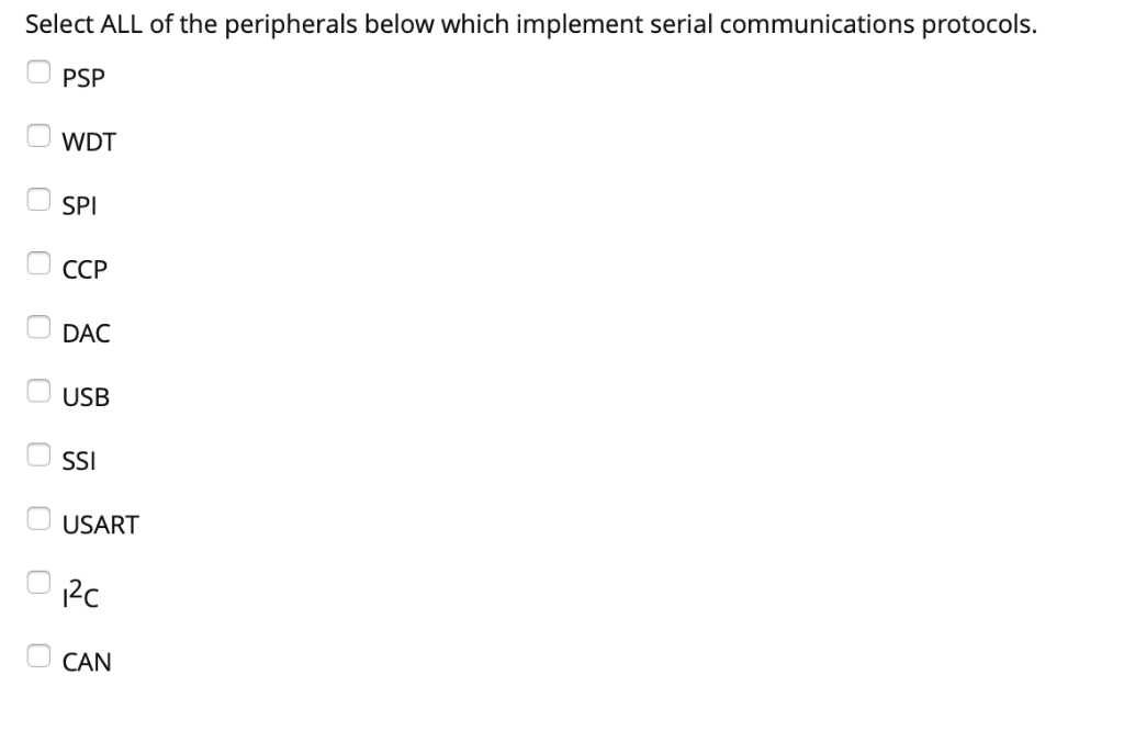 Select ALL of the peripherals below which implement serial communications protocols. PSP WDT SPI CCP DAC USB SSI USART 12c CA