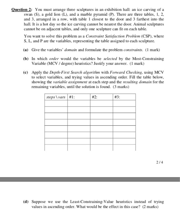 Question 2: You must arrange three sculptures in an exhibition hall: an ice carving of a swan (S), a gold lion (L), and a mar
