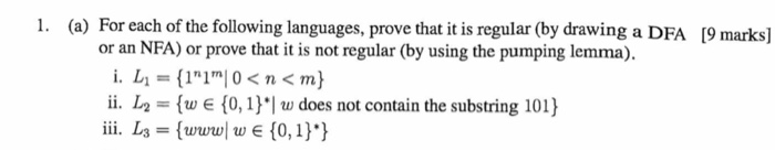 For each of the following languages, prove that it is regular (by drawing a DFA or an NFA) or prove that it is not regular (b