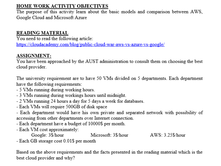 HOME WORK ACTIVITY OBJECTIVES The purpose of this activity learn about the basic models and comparison between AWS, Google Cl